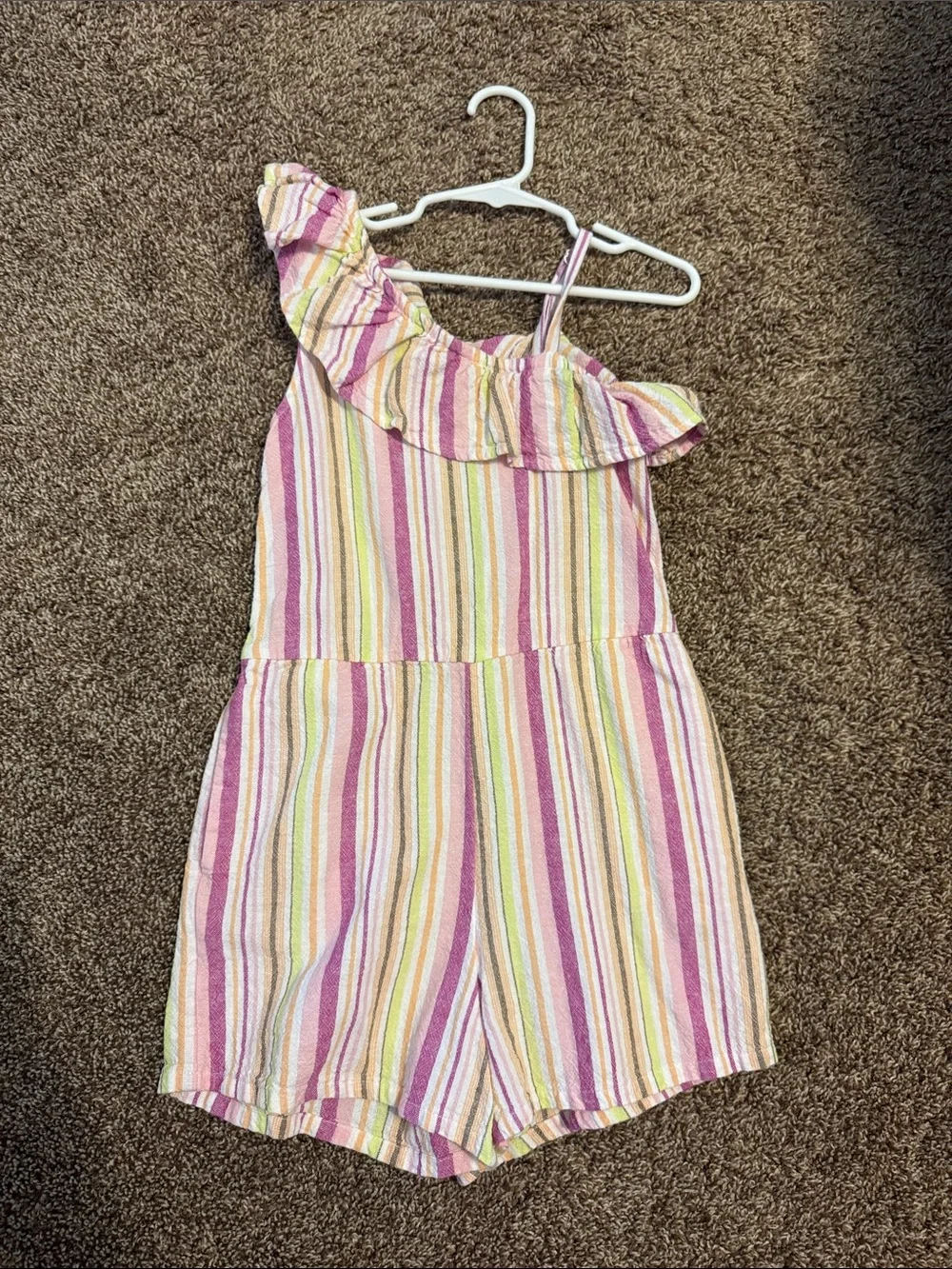 Old Navy Girls' Striped One-Shoulder Romper in Pink, Yellow, Green